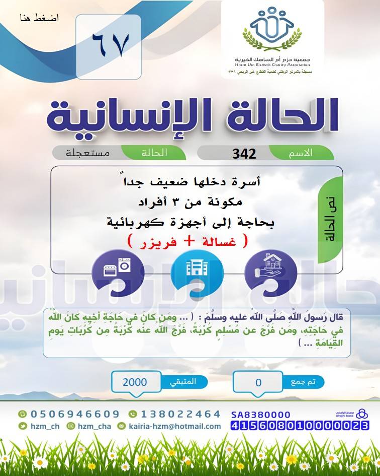 الحالة الإنسانية 67 : أسرة فقيرة جداً بحاجة إلى أجهزة كهربائية 