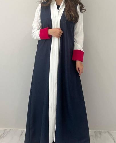Navy Blue Abaya With Striped Sleeves And Fuchsia Trim