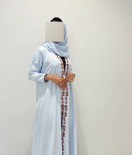 Sky Blue Abaya With Seashell Embroidery, Crepe Fabric