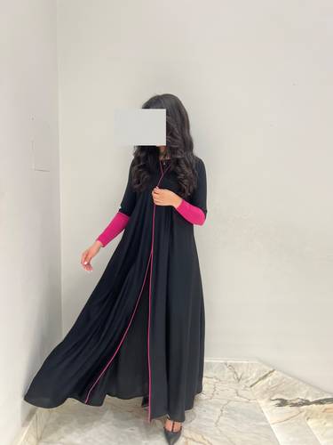 Plain Black Abaya With Fuchsia Stretch Sleeves