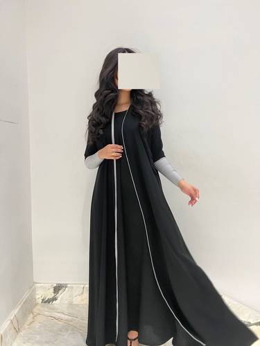 Plain Black Abaya With Gray Stretch Sleeves