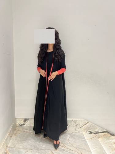 Plain Black Abaya With Orange Stretch Sleeves