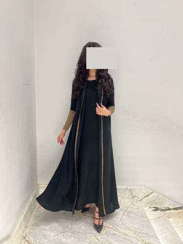 Plain Black Abaya With Brown Stretch Sleeves