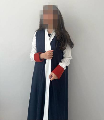 Navy Blue Abaya With Orange Striped Sleeves And Trim