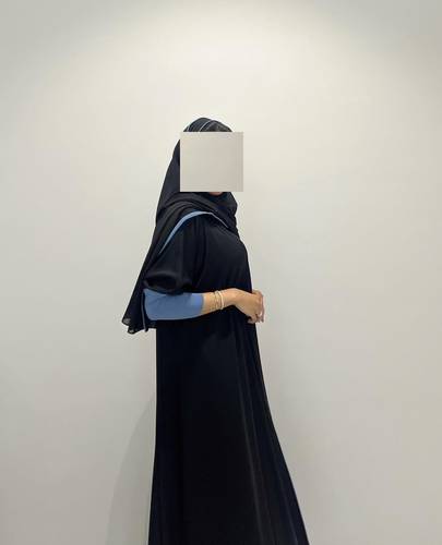 Black Crepe Abaya With Ruffled Sleeves And Dark Blue Accents