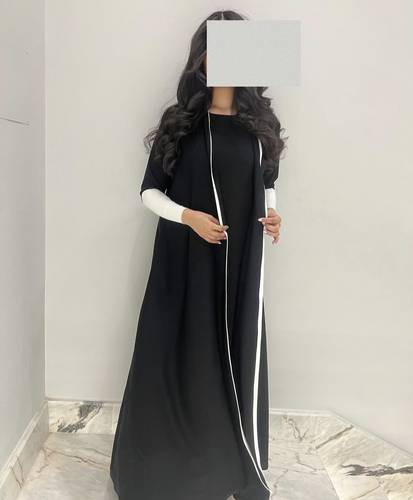Plain Black Abaya With Off-White Stretch Sleeves