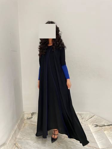 Plain Black Abaya With Blue Stretch Sleeves