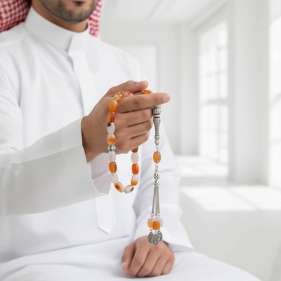 سبحة عقيق يمني طبيعي مع فضة عيار ٩٢٥  لون بني 