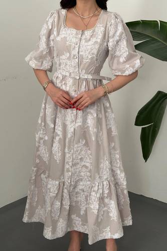 Beige Embroidered Ruffled Dress 9638 فستان 