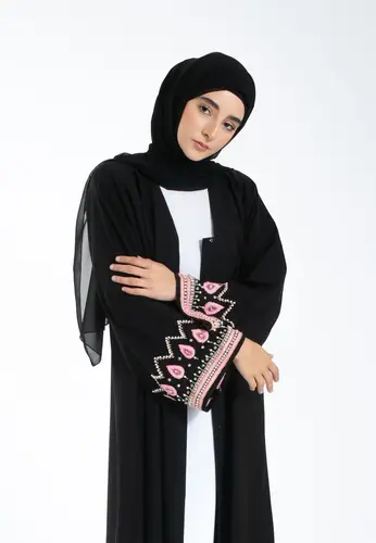 Luxury Sakura Jewelled Open Abaya 65219-367 عباية مفتوحة فاخرة مرصعة بالجواهر بتصميم زهرة الساكورا