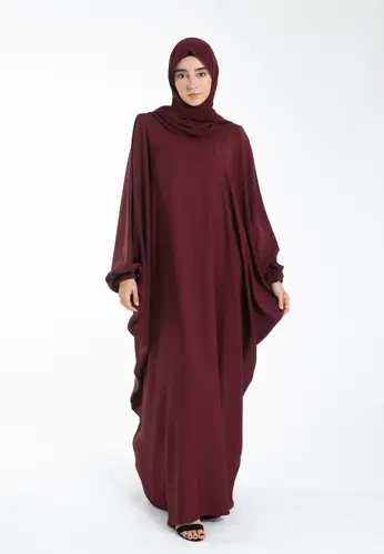 Plain Farasha With Elasticated Cuff Sleeves - Burgundy 61102-386 فراشة سادة بأكمام مطاطية - عنابي