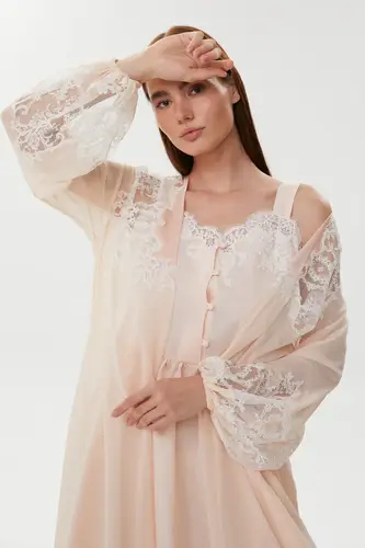 Carine Blush Peach Cotton Satin Nightgown with Crepe Chiffon Robe