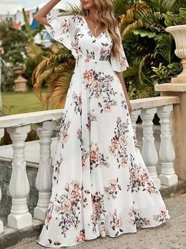 Short-Sleeved V-Neck Floral Patterned Supreme Dress 163422