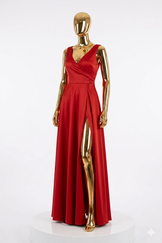 Strappy Wrap Neckline Slit Wide A-Line Detail Long  Crepe Dress 72383-KIRMIZI