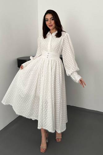 White Embroidered Belted Cutaway Dress 7376 فستان 