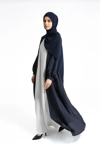 Plain Open Abaya with Cuff Sleeves - Navy 64307-529 عباية مفتوحة سادة بأكمام بأساور - كحلي