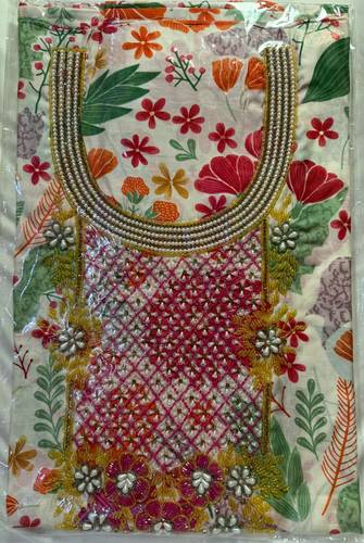 Mukhawar Cotton India Hand Made Stich White Flowry with Pearl RMSH21