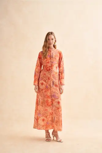 Orange Full Brit Linen Dress فستان كتان برتقالي كامل بريطاني