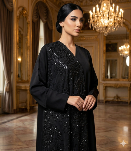 عباية كريب أسود مع دانتيل شك بالجنب ونص الظهر نص كلوش - مع طرحه - مقاس 58