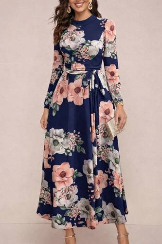 Long-Sleeved Round Neck Belted Patterned Supreme Long Dress 174364