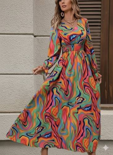 Long Sleeve V-Neck Patterned Maxi Supreme Dress 175621
