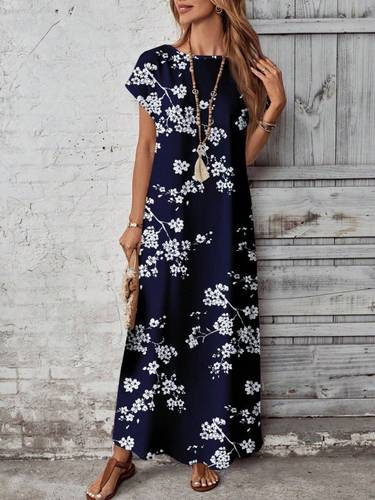 Short-Sleeved Crew Neck Floral Pattern Long Supreme Dress 62112-LACIVERT