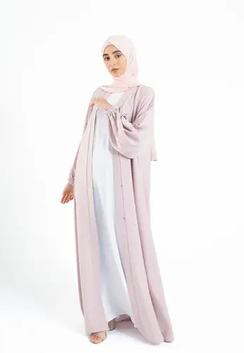 Plain Open Abaya with Cuff Sleeves - Baby Pink 64208-482 عباية مفتوحة سادة مع أكمام بأساور - وردي فاتح