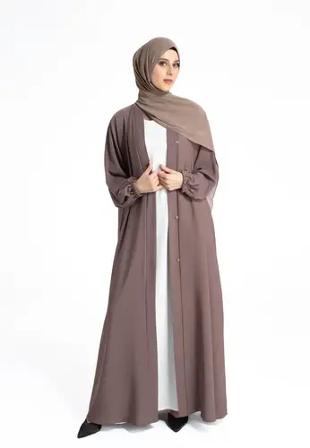 Plain Open Abaya with Cuff Sleeves - Taupe 64206-282 عباية مفتوحة سادة بأكمام بأساور - بيج فاتح