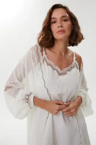 Charee Pearl Ivory Cotton Satin Nightgown with Chiffon Robe