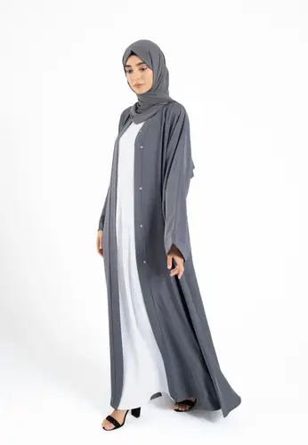 Plain Open Abaya With Wide Sleeves - Pebble Grey 65220-558 عباية مفتوحة سادة بأكمام واسعة - رمادي حصوي