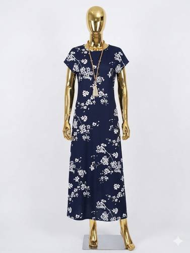 Short-Sleeved Crew Neck Floral Pattern Long Supreme Dress 62112-LACIVERT