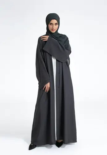 Plain Open Abaya With Wide Sleeves - Charcoal Grey 65223-522 عباية مفتوحة سادة بأكمام واسعة - رمادي فحمي