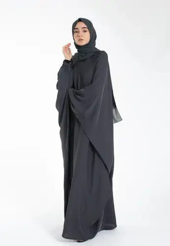 Plain Farasha With Elasticated Cuff Sleeves - Charcoal Grey 61223-446 عباية فراشة سادة بأكمام مطاطية - رمادي فحمي