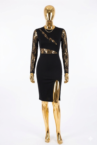 Long-Sleeve Turtleneck Bust and Waist Cutout with Lace Detail and Side Slit Mini  Crepe Dress 62045-SIYAH