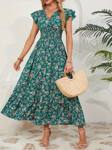 Short-Sleeved Wrap-Neck Dress with Elastic Waist and Floral Pattern 55133-YESIL