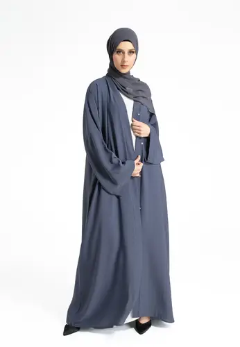 Plain Open Abaya With Wide Sleeves - Slate Grey 65121-605 عباية مفتوحة سادة بأكمام واسعة - رمادي داكن