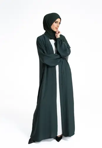 Plain Open Abaya with Cuff Sleeves - Forest Green 64309-350 عباية مفتوحة سادة بأكمام بأساور - أخضر غابي