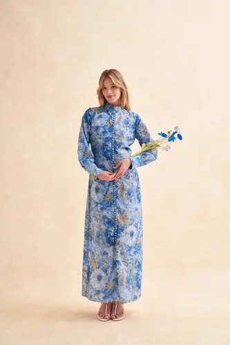 Blue Full Brit Dress فستان كتان أزرق كامل بريطاني