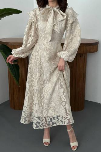 Beige Dress with Collar Scarf Detail 9804 فستان 