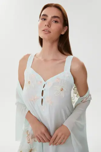 Allison Soft Mint Cotton Satin Nightgown with Crepe Chiffon Robe