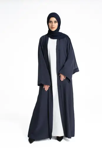 Plain Open Abaya With Wide Sleeves - Navy 65307-526 عباية مفتوحة سادة بأكمام واسعة - كحلي