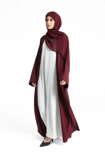 Plain Open Abaya With Wide Sleeves - Burgundy 65002-344 عباية مفتوحة سادة بأكمام واسعة - عنابي