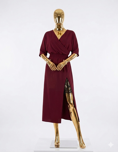 Long-Sleeved Wrap-Neck Midi Dress with Side Lace Trim,  Crepe 61932-BORDO