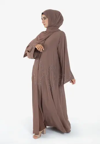 Luxury Mocha Embellished Open Abaya 65229-62 عباية مفتوحة فاخرة موكا مزينة