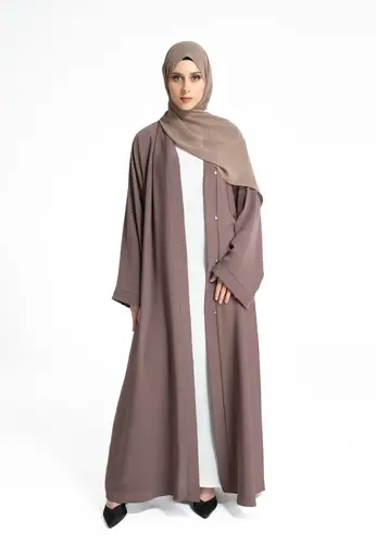 Plain Open Abaya With Wide Sleeves - Taupe 65206-295 عباية مفتوحة سادة بأكمام واسعة - بيج فاتح