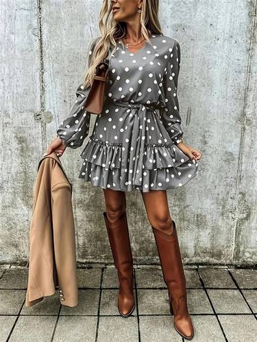 Long Sleeve V-Neck Belted Polka Dot Mini Modal Dress 174575