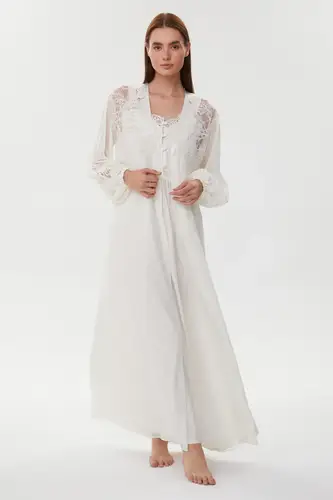 Carine Ecru Cotton Satin Nightgown with Crepe Chiffon Robe