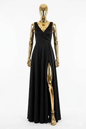 Strappy Wrap Neckline Slit Wide A-Line Detail Long  Crepe Dress 72383-SIYAH