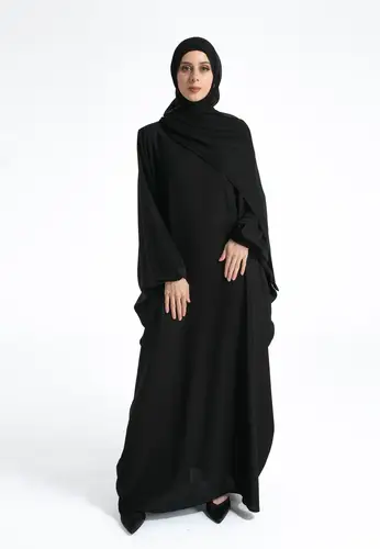 Plain Farasha With Elasticated Cuff Sleeves - Black 60000-192 عباية فراشة سادة بأكمام مطاطية - أسود