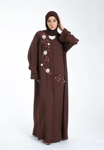 Chocolate Brown Embroidered Open Abaya 65207-372 عباية مفتوحة بنية شوكولاتية مطرزة